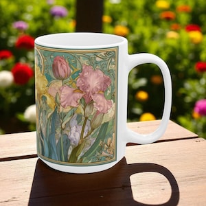 Art Nouveau Iris Garden Mug | Botanical Coffee Cup | Gift for Garden Lovers | Tea Time Essential | Floral Decor Mug | 15 oz