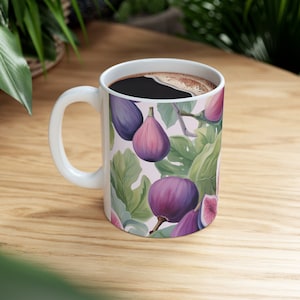 Taza de café de higo / 11oz / Higos morados / Hojas / Diseño de frutas / Taza de té botánico / Inspirado en la naturaleza / Estilo de granja / Regalo del Día de la Madre