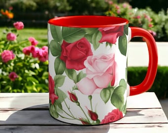 Red Rose Coffee Mug | 11oz | | Rose Buds | Botanical | Tea Cup | Garden Theme | Romantic Gift | Mother&#39;s Day Gift | Vintage Style | Blooms