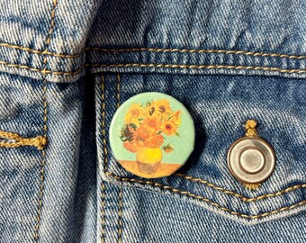 Pin de botón con girasoles de Van Gogh, obra de arte coleccionable para mochilas, bolsos y ropa.