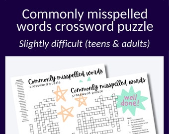 May include: A printable crossword puzzle with the title "Commonly Misspelled Words" and a star design. The puzzle is designed for teens and adults and includes a word list and answer key.