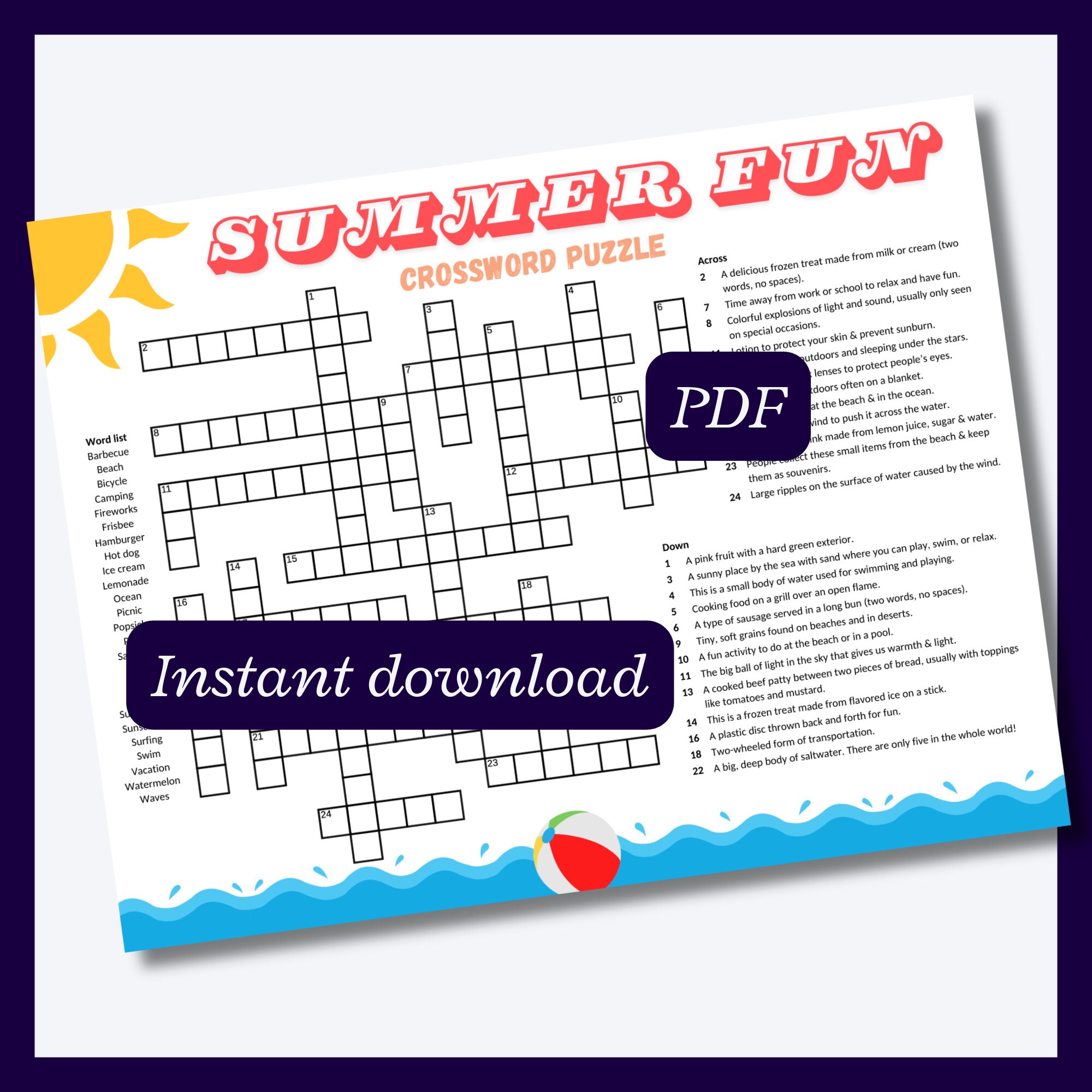 Summer Crossword Puzzle Perfect for Endofyear Parties, Barbecues, Family Reunion Game or Just