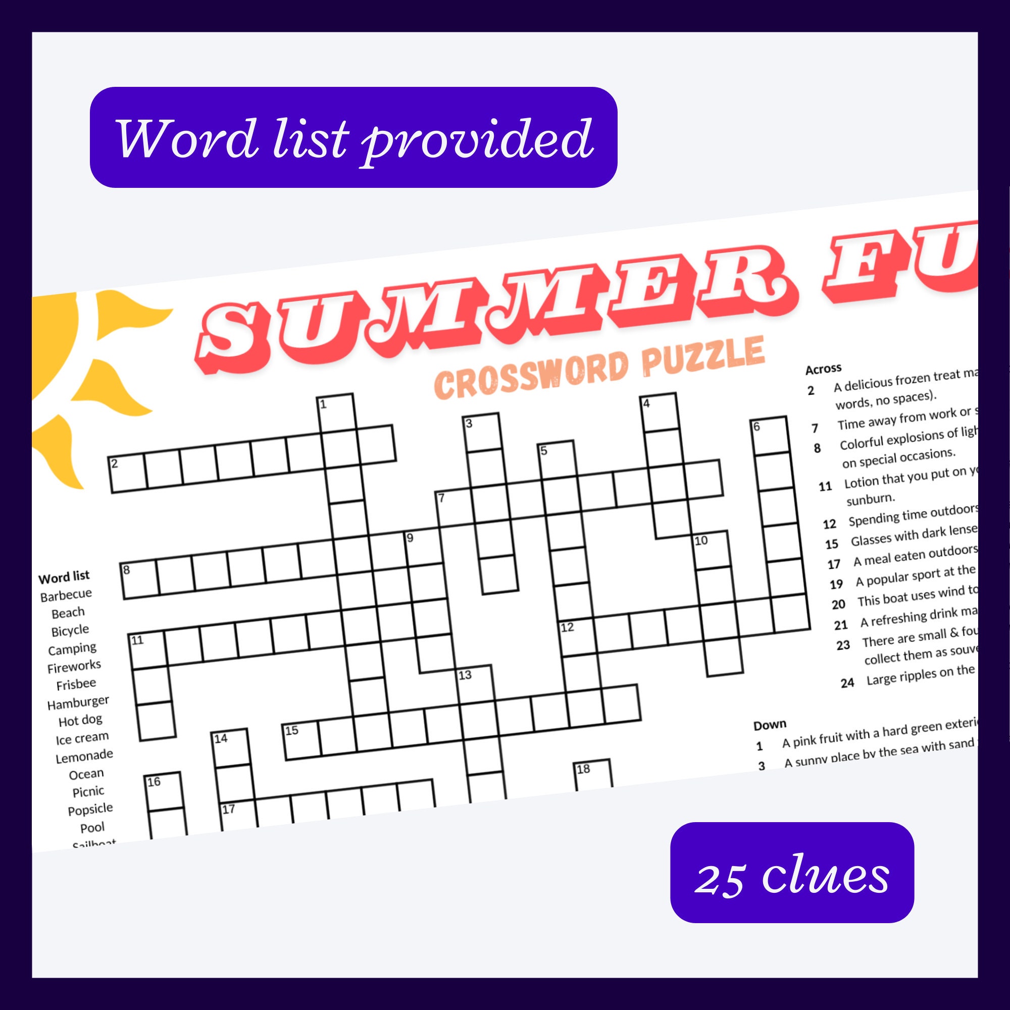 Summer Crossword Puzzle Perfect for Endofyear Parties, Barbecues, Family Reunion Game or Just