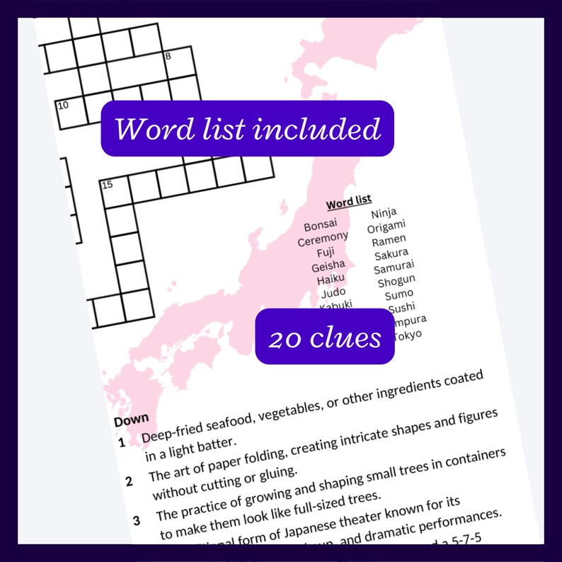 Japan Crossword Puzzle Great Research Activity or Party Game for Teens