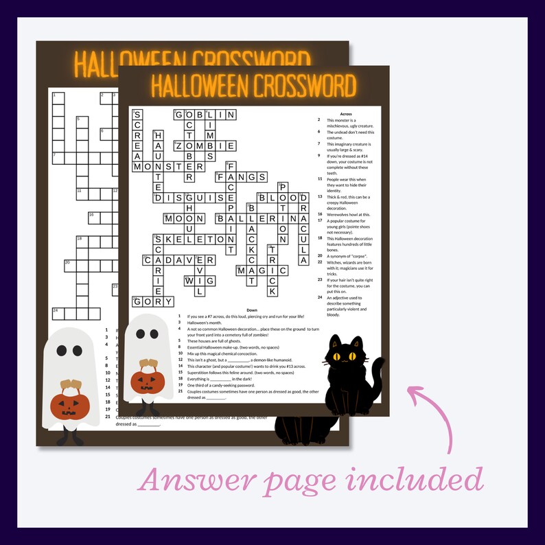 Photo: One Halloween-themed crossword puzzle. Text on image: Halloween crossword. Answer page included.