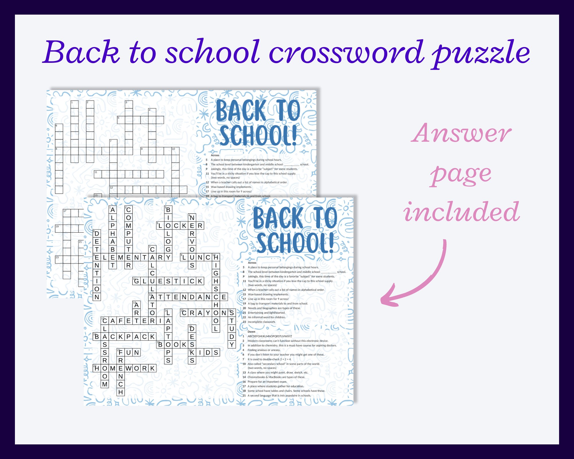 Back to School Crossword 2 Puzzle Word Game. Great for Substitute Teachers or Substitute Teacher