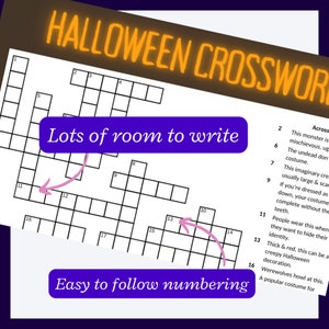 Photo: One Halloween-themed crossword puzzle. Text on image: Halloween crossword. Lots of room to write. Easy to follow numbering.