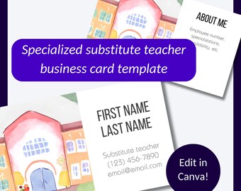 Substitute Teacher Business Card Template: Watercolor Schoolhouse Design (Canva Digital Download)