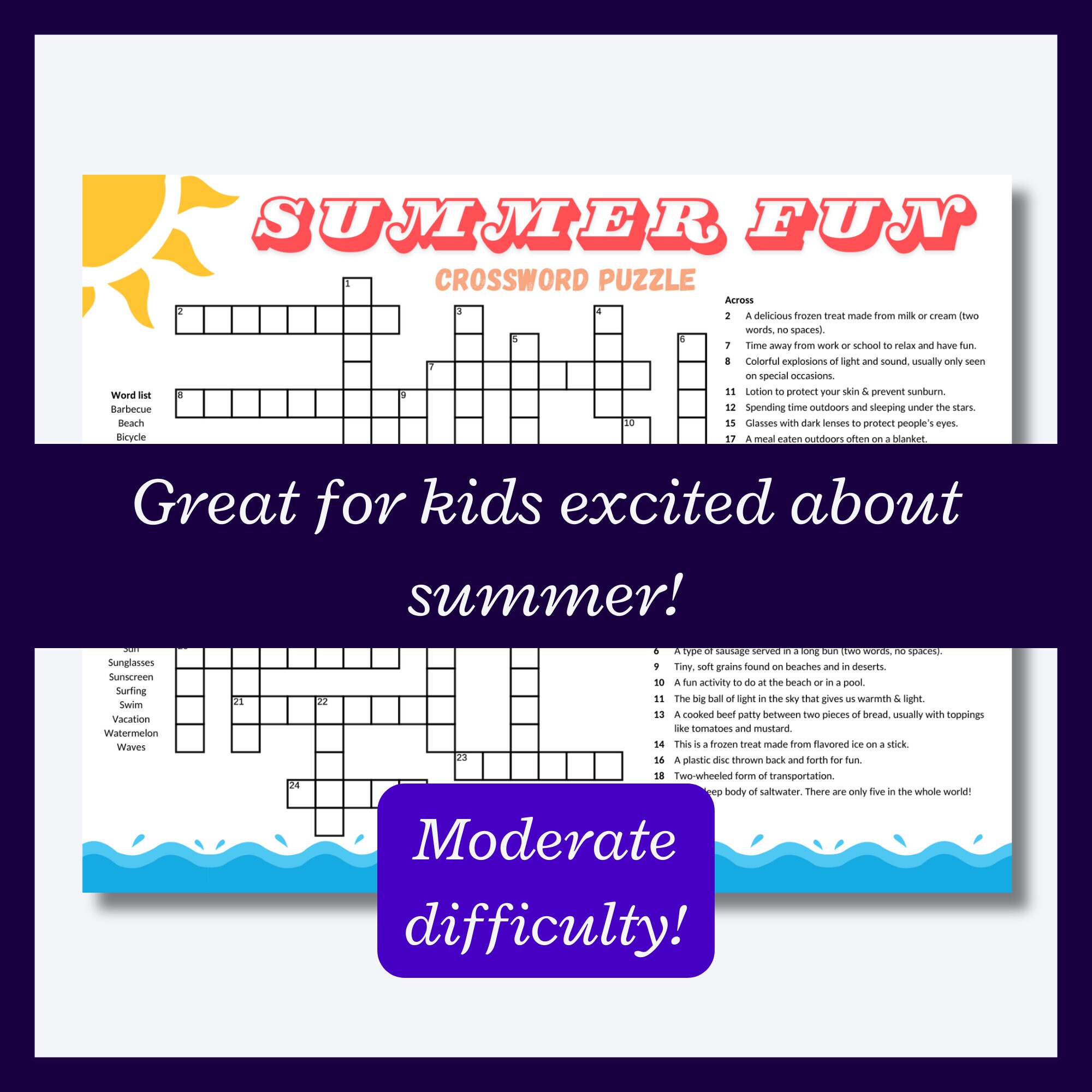 Summer Crossword Puzzle Perfect for Endofyear Parties, Barbecues, Family Reunion Game or Just