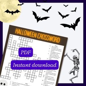 Photo: One Halloween-themed crossword puzzle. Text on image: Halloween crossword. PDF. Instant download.