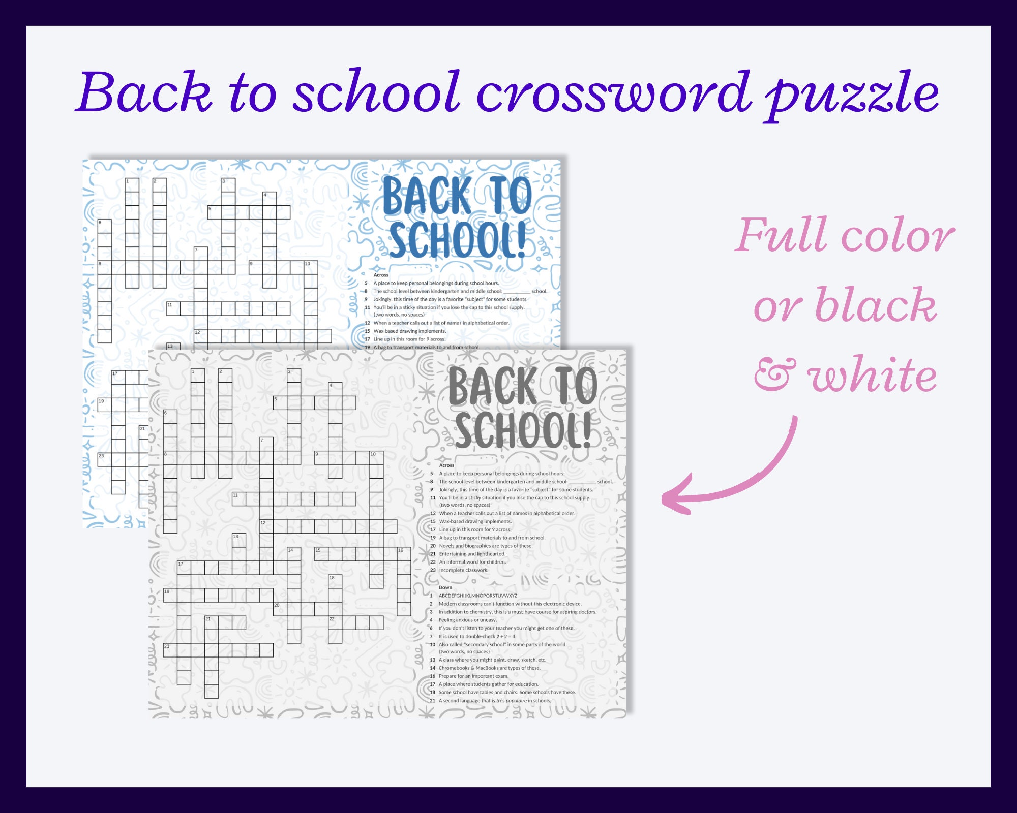 Back to School Crossword Puzzle Word Game. Hard Cross Word Puzzle for ...