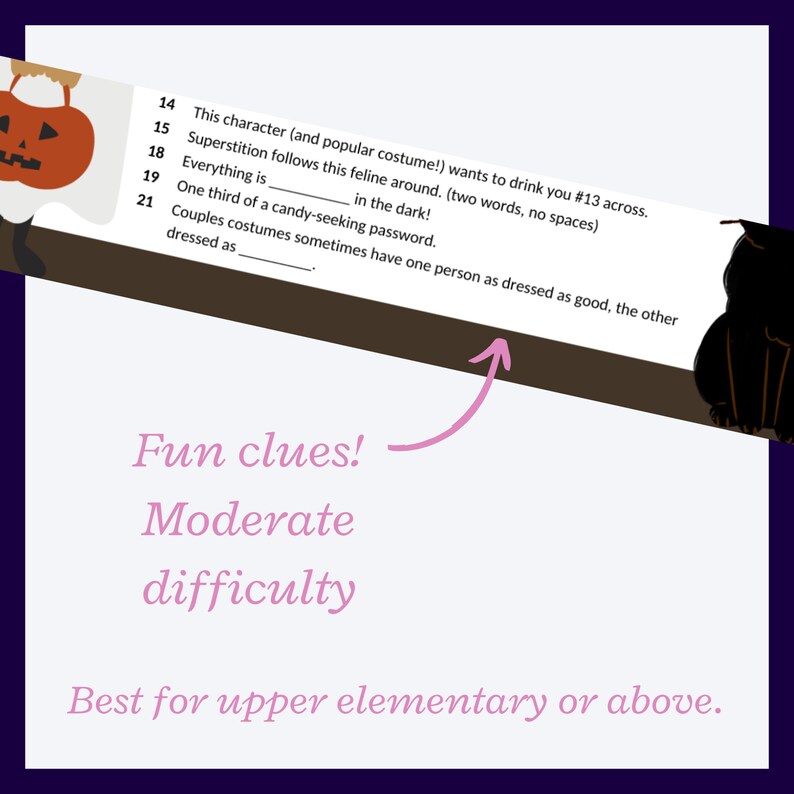 Photo: One Halloween-themed crossword puzzle. Text on image: Halloween crossword. Fun clues! Moderate difficulty. Best for upper elementary or above.