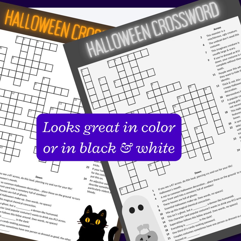 Photo: One Halloween-themed crossword puzzle. Text on image: Halloween crossword. Looks great in color or in black & white.