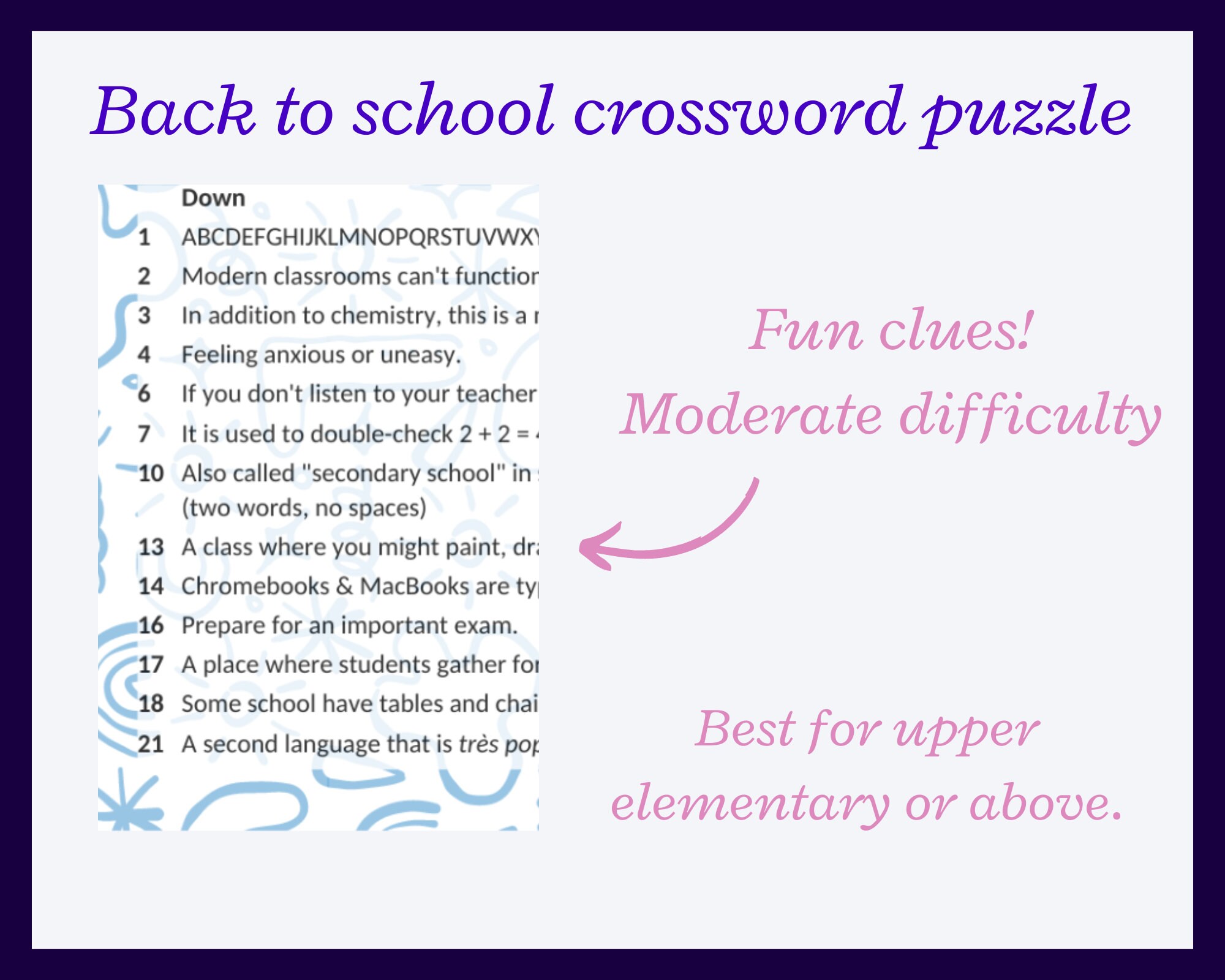 Back to School Crossword 2 Puzzle Word Game. Great for Substitute Teachers or Substitute Teacher