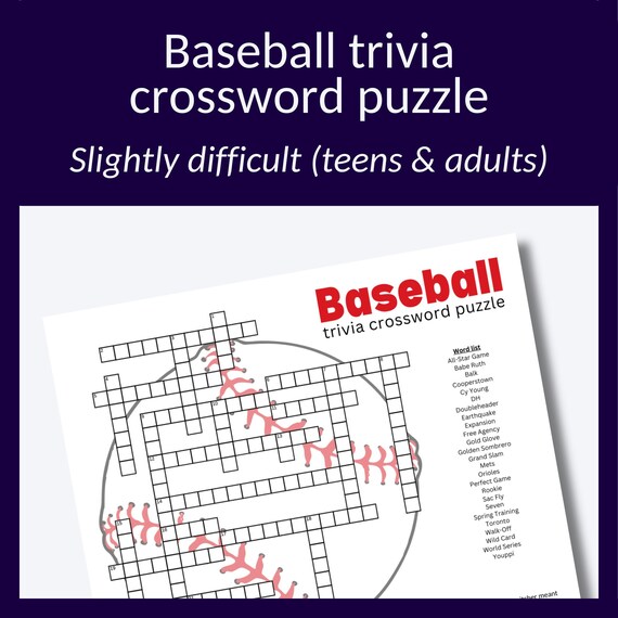 Baseball trivia crossword puzzle for parties, picnics, parties, etc. - etsy
