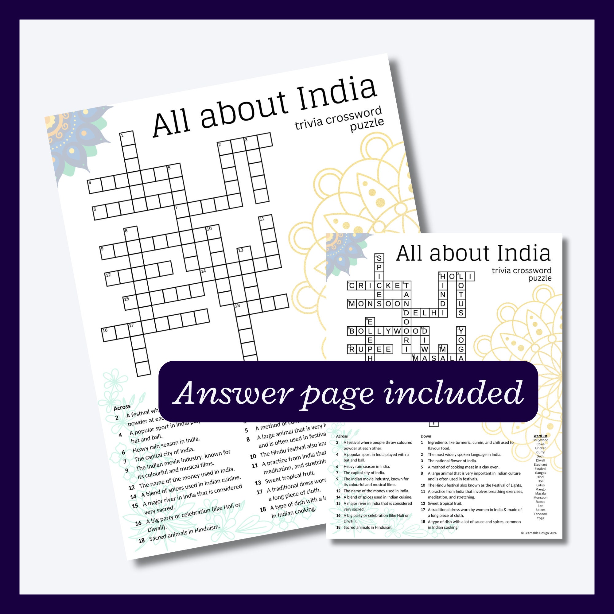India Crossword Puzzle— Learn About India With This Trivia Puzzle! - Etsy