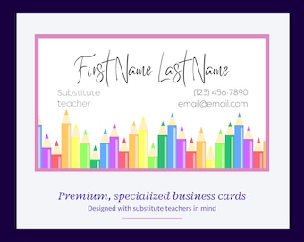 Substitute Teacher Business Card Template: Colorful Pencils (Digital Download)