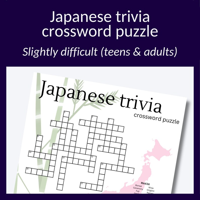 Japan Crossword Puzzle Great Research Activity or Party Game for Teens