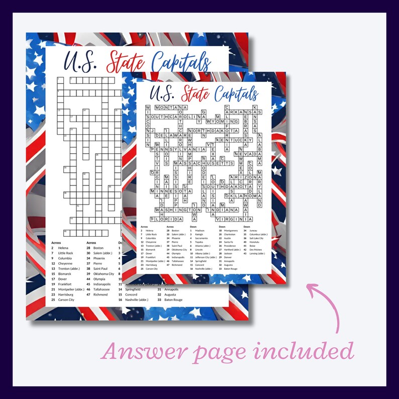 U S State Capital Crossword Puzzle Including All 50 States Great July U S State Capital Crossword Puzzle Including All 50 States Great July
