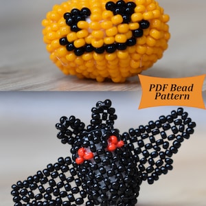 Peut inclure: Un motif de perles artisanal sur le thème d'Halloween. Il présente une citrouille orange avec des traits noirs et une tige verte, et une chauve-souris noire avec des accents rouges. L'image comprend le texte "PDF Bead Pattern".