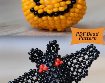Halloween decor beads, halloween patterns, halloween pumpkin pdf, beaded pumpkin pattern, beaded bat pattern halloween pumpkin black bat