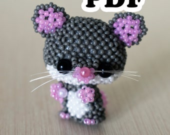 Amigurumi pattern mouse. 3d Beading tutorial. Easy pattern how to make beaded animal mouse. In English. PDF file.