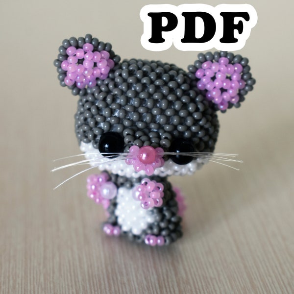 Souris motif Amigurumi. Tutoriel de perles 3D. Modèle facile comment faire une souris animale en perles. En anglais. Fichier PDF.