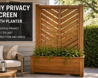 Planos para crear una pantalla de privacidad con macetero, diseño de espiga, plano imprimible, lista de materiales y plantillas.