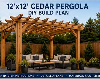 Planos para construir una pérgola de cedro de 12x12 pies, paquete de construcción para carpintería exterior, planos, lista de cortes, lista de materiales.