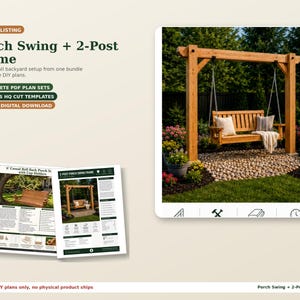 Puede incluir: Un paquete digital para un columpio de porche de madera y un marco de dos postes. La imagen muestra dos juegos de planos PDF impresos y una gran fotografía de un columpio de madera natural colgado de una estructura de marco sólido.