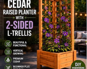 Planos para jardinera elevada de cedro con enrejado en forma de L de dos lados. Proyecto de carpintería para jardín exterior.