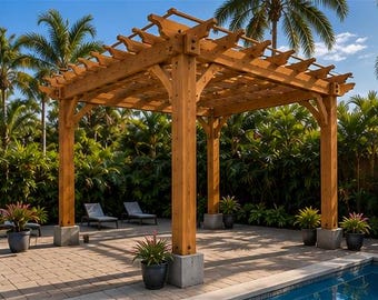 Planos de pérgola de 8x8 en PDF, guía de construcción de jardín trasero, lista de materiales, plantillas de corte a tamaño real.