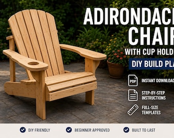 Planos para silla Adirondack con portavasos, guía de construcción para hacerlo tú mismo, plantillas imprimibles, planos de carpintería en PDF.