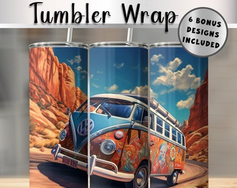 VW Bus Bug Tumbler Wrap 20 oz Straight and Tapered Tumbler Sublimation Design PNG Digital Download NOT Seamless Pop Art vw Friend Gift