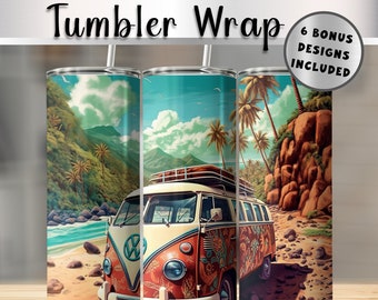 VW Bus Hippie Tumbler Wrap 20 oz Straight and Tapered Tumbler Sublimation Design PNG Digital Download NOT Seamless Pop Art vw Friend Gift
