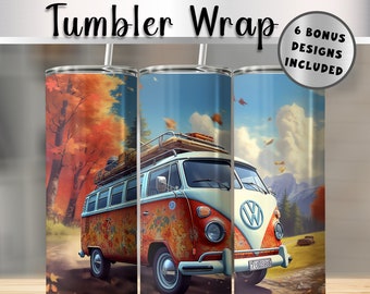 VW Bus Hippie Tumbler Wrap 20 oz Straight and Tapered Tumbler Sublimation Design PNG Digital Download NOT Seamless Pop Art vw Friend Gift