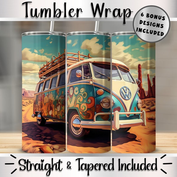 VW Bus Bue Hippie Desert Tumbler Wrap 20 oz Skinny Straight & Tapered Tumbler Sublimation Design PNG Digital Download NOT Seamless