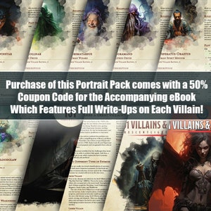 K&ouml;nnte beinhalten: Eine Sammlung illustrierter Portr&auml;ts von Fantasy-Schurken, jedes mit einem einzigartigen Design und Namen. Der Text "Purchase of this Portrait Pack comes with a 50% Coupon Code for the Accompanying eBook Which Features Full Write-Ups on Each Villain!" wird am unteren Rand des Bildes angezeigt.