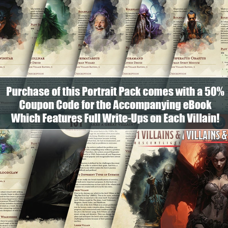 K&ouml;nnte beinhalten: Eine Sammlung illustrierter Portr&auml;ts von Fantasy-Schurken, jedes mit einem einzigartigen Design und Namen. Der Text "Purchase of this Portrait Pack comes with a 50% Coupon Code for the Accompanying eBook Which Features Full Write-Ups on Each Villain!" wird am unteren Rand des Bildes angezeigt.