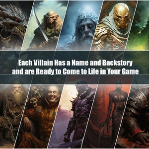 K&ouml;nnte beinhalten: Eine Collage aus neun Bildern mit verschiedenen Fantasy-Schurken. Jedes Bild zeigt einen anderen Charakter mit einem einzigartigen Design und Ausdruck. Der Text "Each Villain Has a Name and Backstory and are Ready to Come to Life in Your Game" wird in der Mitte der Collage angezeigt.