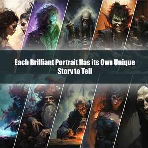 K&ouml;nnte beinhalten: Eine Collage aus Fantasy-Portr&auml;ts mit verschiedenen Charakteren mit einzigartigen Ausdr&uuml;cken und Stilen. Jedes Portr&auml;t hat eine eigene Pers&ouml;nlichkeit und erz&auml;hlt eine Geschichte. Der Text "Each Brilliant Portrait Has its Own Unique Story to Tell" wird in der Mitte der Collage angezeigt.