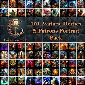 Könnte beinhalten: Eine digitale Collage mit 101 Fantasy-Porträts von Avataren, Gottheiten und Patronen. Die Porträts sind in verschiedenen Stilen gehalten, von realistisch bis abstrakt, und zeigen eine große Auswahl an Kreaturen, darunter Menschen, Tiere und mythische Wesen. Die Collage trägt den Titel "101 Avatars, Deities & Patrons Portrait Pack" und stammt von Crescentlight Studio.