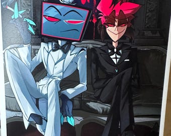 Hazbin Hotel Alastor och Vox svartvitt tryck