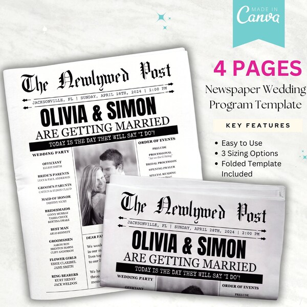 Newspaper Wedding Program Template, Editable Wedding Infographic, Unique Wedding Program, Printable Wedding Timeline, Folded Wedding Program