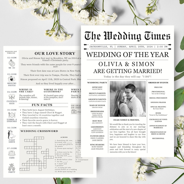 Newspaper Wedding Program Template, Editable Wedding Infographic, Unique Wedding Program, Printable Wedding Timeline, Folded Wedding Program