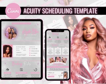 May include: A gray and pink digital template for scheduling appointments. The template includes a business name, contact information, business hours, and booking rules. The template is designed for a beauty studio.