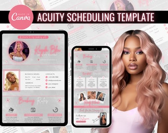 May include: A pink and gray digital template for scheduling appointments. The template features a woman with pink hair and a pink and gray background. The text on the template includes "Acuity Scheduling Template", "Kay Blu Beauty Studio", "Business Hours", "Contacts", "Address", "Booking Rules", "Deposit", "Cancellation", "Late Arrival", "Thank You for Choosing Us", "Follow us on Instagram", and "Tip your stylist".