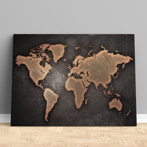 Impresión de mapa del mundo de estilo vintage negro sobre lienzo, decoración de continentes, arte de pared de atlas, decoración de pared de mapa, lienzo de mapa de mundo grande, decoración de mapa de mundo enmarcado