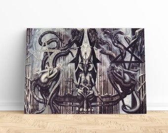 Akron Giger Canvas, Baphomet Canvas, Hans Rudi Giger Canvas, Surreal Art Canvas, Satanic Canvas, Satan Wall Decor, Goth Canvas,Gothic Canvas