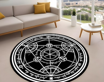 May include: A round black rug with a white alchemical symbol design. The rug features intricate geometric patterns and text around the edges. The rug is placed on a light-colored floor in a living room setting.